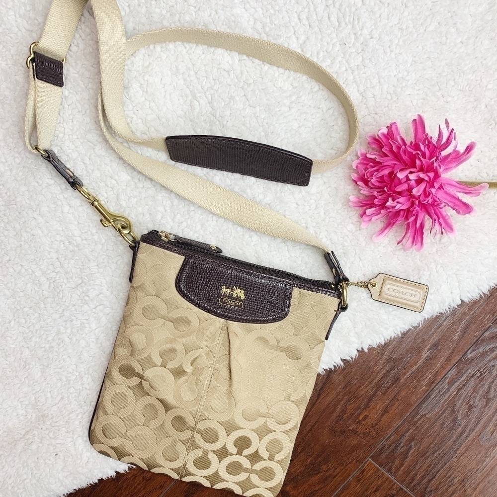Coach Signature Crossbody Bag Brown Leather Purple Interior
